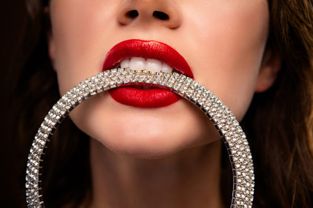 Close-up of passionate female models lips showcasing red lipstick and luxurious jewelry details