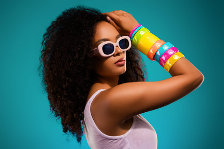 Glamorous Young Woman Posing With Colorful Accessories and sunglass on a Vibrant Background