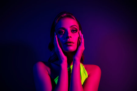 Neon themed portrait of a young woman showcasing beauty and style in a vibrant and artistic...