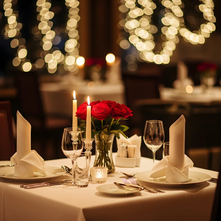 Romantic dinner setting with red roses on a table in a restaurantの素材