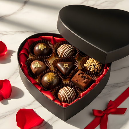 Box of assorted chocolates in heart shaped box with red ribbonle backgroundの素材