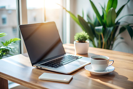 Laptop and coffee cup on wooden table in office room. Work from home concept.の素材