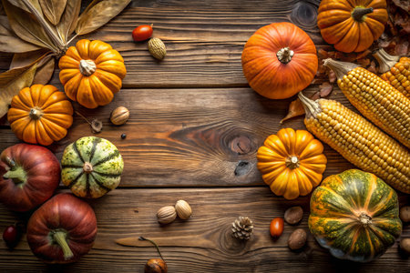 Autumn composition with pumpkins and corn on wooden background top viewの素材