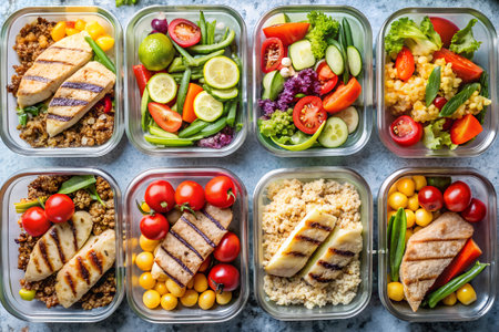 Healthy balanced lunch box with chicken, quinoa and vegetables.の素材