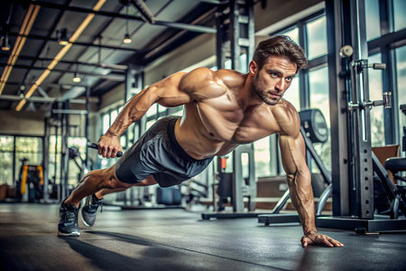 Handsome young man doing push-ups in the gym.の素材