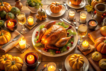 Thanksgiving dinner with roasted turkey, pumpkins and candles on wooden tableの素材