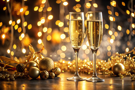 Two glasses of champagne with golden christmas decorations on bokeh backgroundの素材