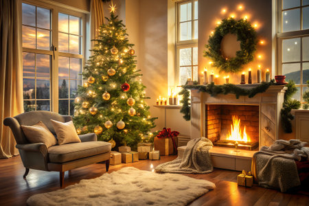 Beautiful Christmas living room interior with fireplace, armchair and Christmas treeの素材