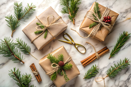 Christmas gifts wrapped in kraft paper and tied with twine, top viewの素材