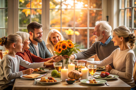 Happy family having dinner together at home and giving flowers to each otherの素材