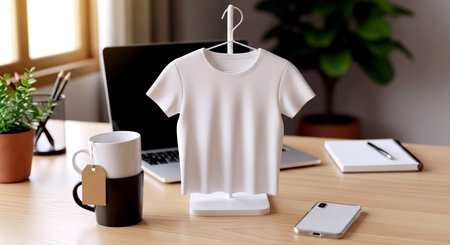 White t-shirt mockup on wooden table in front of laptop.の素材
