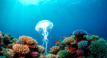 Jellyfish and tropical fish on a coral reef in the Red Seaの素材
