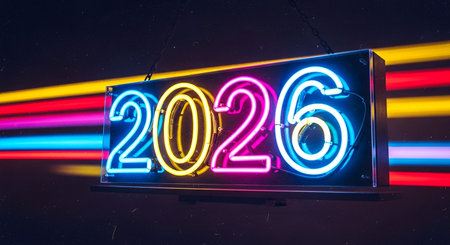 New Year 2016 neon sign in a dark room with colorful lights.の素材