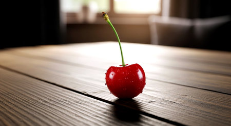 Red cherry on a wooden table. Close-up, selective focus.の素材