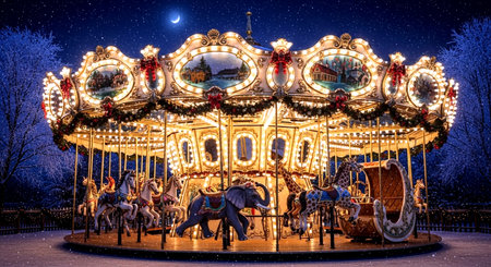 Carousel at night with stars in the sky, Christmas and New Year backgroundの素材