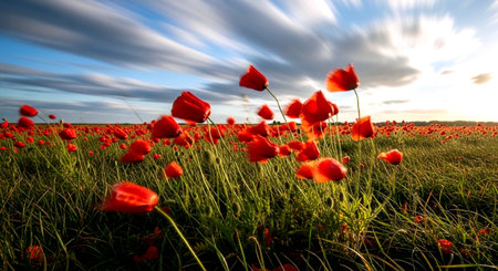 Poppies on a green field at sunset. Beautiful spring landscape.の素材