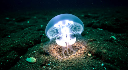 Jellyfish on the bottom of the sea in the night.の素材
