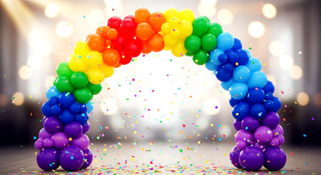 Rainbow arch with confetti and bokeh lights on backgroundの素材