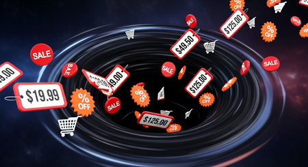 Digital composite of Black friday sale icons flying over black background 3dの素材