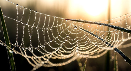 Drops of dew on a spider web in the morning.の素材