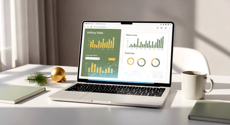 Workplace with laptop on table in office, closeup. Concept of financial analysisの素材