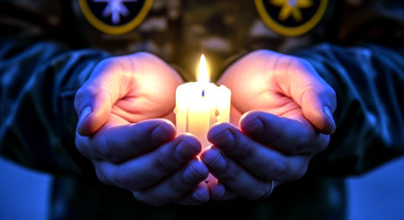 Close up of a man's hands holding a burning candle in the darkの素材