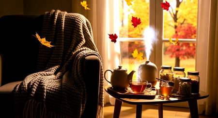 Autumn still life with cup of hot tea, candles, autumn leaves and cozy armchairの素材