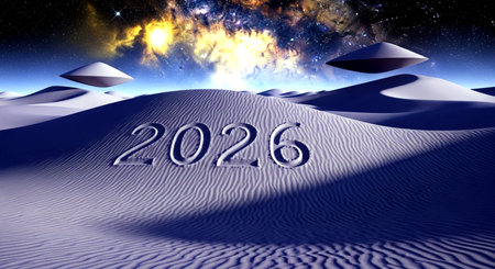 Happy New Year 2016 in the desert. 3D illustration. Space background.の素材
