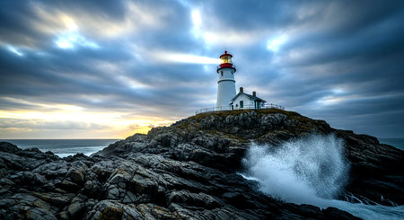 Lighthouse on a rocky coast at sunset. Long exposure photo.の素材