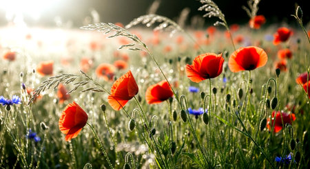 Field of poppies and cornflowers in the rays of the setting sunの素材