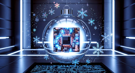 3D rendering of a hologram Christmas ball with circuit board inside on a dark backgroundの素材