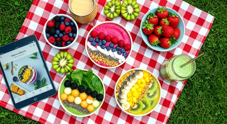 Healthy breakfast on the grass. Bowls of smoothies, fruits, berries, yogurt and tablet pcの素材
