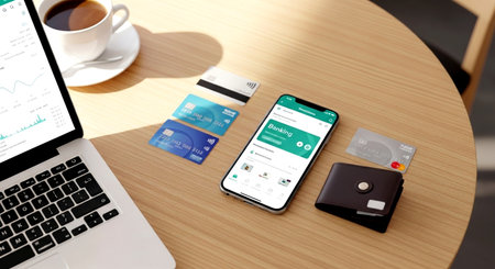 Smartphone and credit cards on the table. 3d rendering.の素材