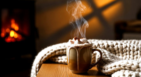 Cup of hot chocolate with marshmallows and knitted scarf on a wooden table in front of the fireplaceの素材