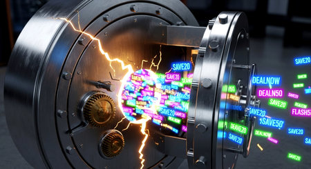 3D rendering of an open vault door with a glowing digital code insideの素材