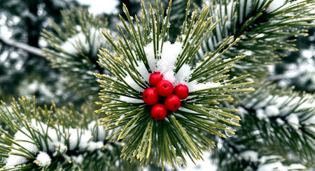 Christmas tree branches with red berries in the snow. Winter background.の素材