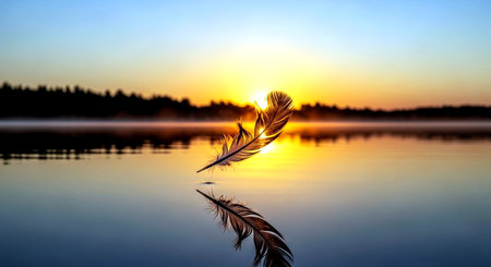 Beautiful sunrise over a lake with a feather in the foreground.の素材