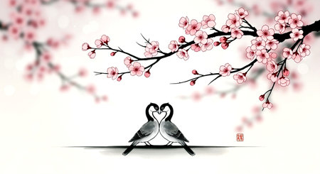 Pair of swans in love on cherry blossom background.の素材