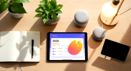 Workplace with tablet pc showing calendar app on screen and office suppliesの素材