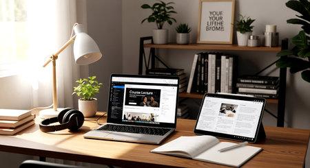 Modern workplace with laptop on wooden table, closeup. Blogging conceptの素材