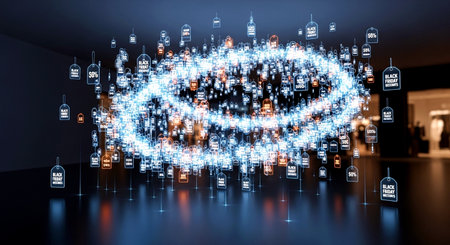 Glowing eye hologram on dark blue interior background 3D renderingの素材