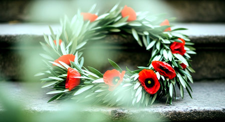 Red poppies in a wreath on a tombstone.の素材