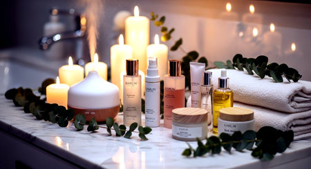 Spa and body care products with eucalyptus and candlesの素材