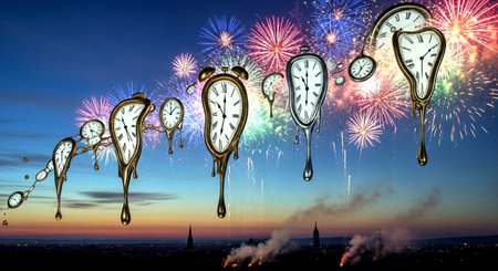 New Year's Eve fireworks with a view of the city and clocksの素材