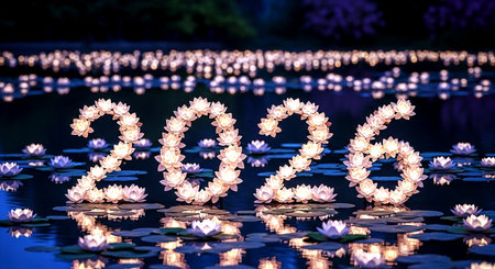 Happy new year 2020 written with lotus flower on the water.の素材