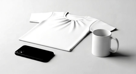 Mockup of a white T-shirt, a cup of coffee and a smartphone on a white backgroundの素材
