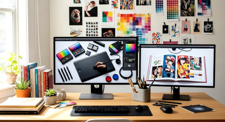 Creative designer desktop with computer, tablet, stationery and other itemsの素材