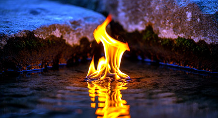 Fire flames with reflection in the water, closeup of fire flamesの素材