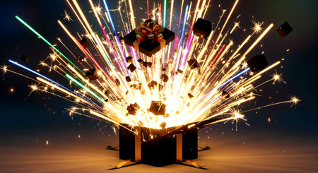 Open gift box with fireworks on a dark background. 3d renderingの素材
