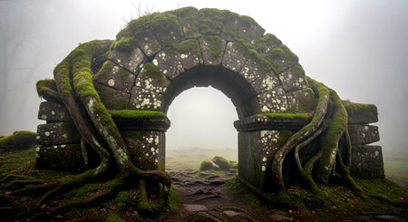 Mysterious ruins of an old stone arch in a foggy forestの素材